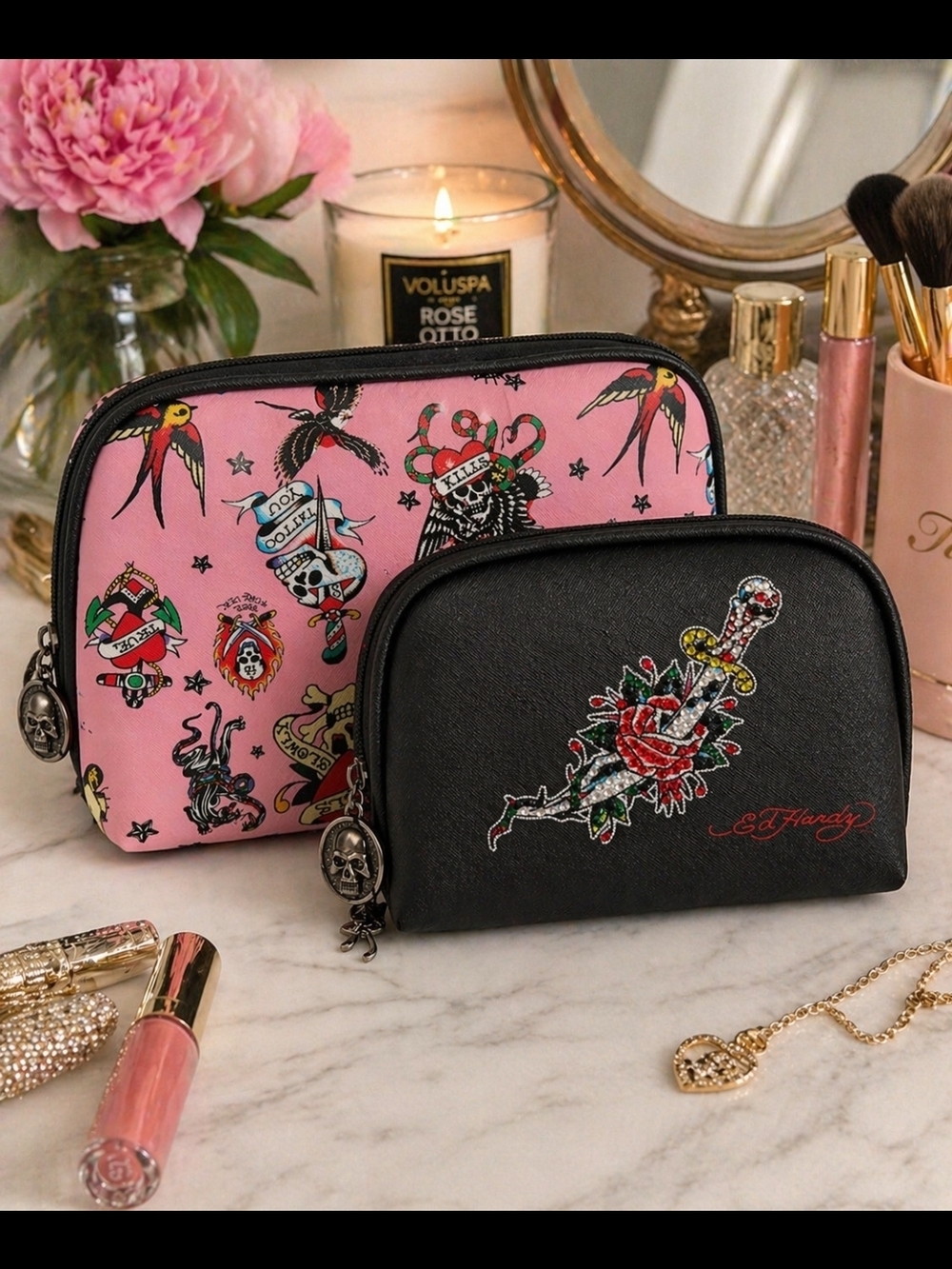 Ed Hardy Pink & Black Tattoo Print Cosmetic Pouch Set NEW Y2K